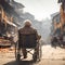 Elderly man in wheelchair strolling in Kathmandu city, rear view