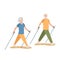 Elderly man and woman practice Nordic walking