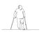 Elderly overweight man walking with crutches. One line drawing