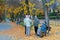 Elderly pensioners walking in the autumn park in Volgograd