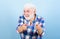 Elderly people. Bearded man with white hair wear checkered shirt. Beard and facial hair care. Barbershop hairdresser