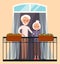 Elderly people in love resting at home. Couple looks out the window on the balcony of house