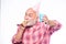 Elderly people. Man bearded grandpa with birthday cap and drink cup. Birthday crazy party. Ideas seniors birthday