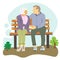 Elderly people are sitting on bench. Grandma and grandpa spend time together, talking in the fresh air