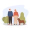 Elderly people walking with dog. Old couple with pet. Modern grandparents outside in the park. Flat vector illustration