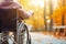 An elderly person with disabilities in a wheelchair in an autumn park. Old age. Walking in a wheelchair in the park