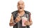 Elderly punker having popcorn and laughing