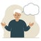 Elderly sad and upset grandfather thinks and empty thought, speech bubble. Hands are spread apart. Place for your text.