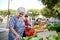 Elderly senior woman buying fresh vegetables and fruits in farmer`s market during summer day in provence france
