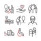 Elderly services line icons set. Care Help and Accessibility. Disabled People. Vector illustration.