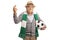 Elderly soccer fan with a football and a scarf holding his fingers crossed for luck