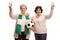 Elderly soccer fans making victory gestures