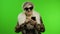 Elderly stylish trendy caucasian grandmother woman using smartphone. Chroma key