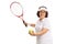 Elderly tennis player preparing to serve