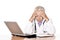 Elderly tired doctor with a laptop on white background