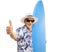 Elderly tourist holding a surfboard and making a thumb up sign