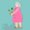 elderly woman with basket and vegetables. vector graphics