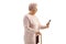 Elderly woman with a cane looking at a mobile phone