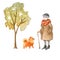 An elderly woman with a cane walks with a dog in the park. Watercolor illustration in cartoon style isolated on white background