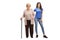 Elderly woman with a cane and a young female volunteer isolated