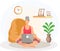 Elderly woman with closed eyes sits in lotus position with computer. Old lady with laptop meditating