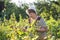 Elderly woman gathering raspberries in the garden