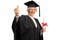 Elderly woman in a graduation gown holding a diploma and showing thumbs up