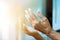 Elderly woman hands praying with peace of mind and faithfully