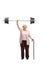 Elderly woman holding a barbell and a cane