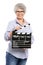 Elderly woman holding a clapboard