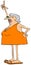 Elderly woman in orange dress pointing up