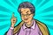 Elderly woman pointing finger up