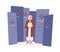 Elderly woman with rejected cv by employer vector flat illustration. Aged female surrounded by closed doors isolated on