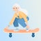 Elderly woman ride a skateboard. Senior silver generation woman riding a board. Grandma on a longboard. Recreational