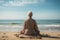 An elderly woman sits on the seashore and meditates. Rest and relaxation. generative AI