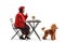 Elderly woman sitting at a cafe with a red poodle dog