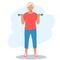 Elderly woman in sports clothes holds dumbbells in her hands. A retired grandmother  a pension and a healthy lifestyle