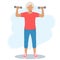 Elderly woman in sports clothes trains with dumbbells. A retired grandmother  a pension and a healthy lifestyle