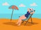 Elderly woman sunbathing on the beach