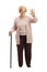 Elderly woman with a walking cane waving