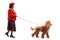 Elderly woman walking a red poodle dog