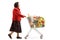 Elderly woman walking with a shopping cart with food products