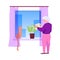 Elderly woman watering indoor flowers with her cat, happy grandmother having a good time, vector lonely old people