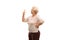 Elderly woman waving to someone