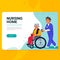 Elderly woman in wheelchair and male nurse. Horizontal web banner template. Social worker walking with grandmother in a