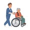 Elderly woman in wheelchair and male nurse on white background. Social worker walking with grandmother in a wheelchair