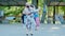 Elderly women and man dance to music. The dance floor in the park. Ukraine, Kyiv, 01.06.2019
