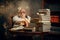 Elderly writer sitting at the table with books