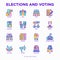 Election and voring thin line icons set: voters, ballot box, inaguration, corruption, debate, president, political victory,