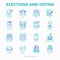 Election and voting thin line icons set: voters, ballot box, inauguration, corruption, debate, president, political victory,